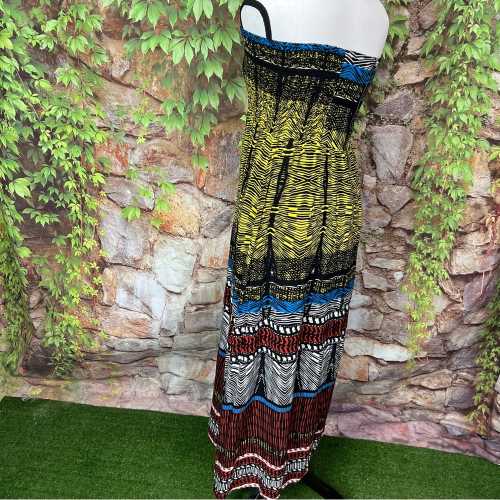 XHILARATION Shirred Strapless Multicolor Block Print Maxi Dress, S - Picture 5 of 11